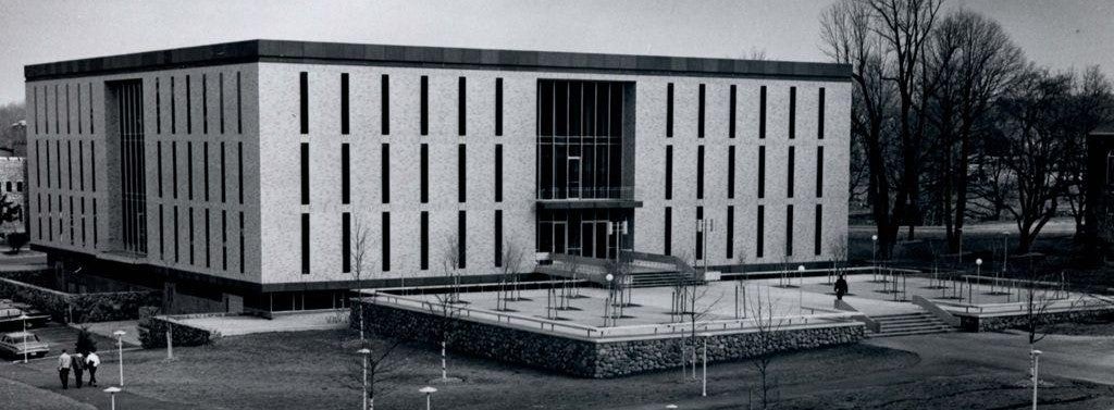 A black and white image of the University Library exterior circa 1964.