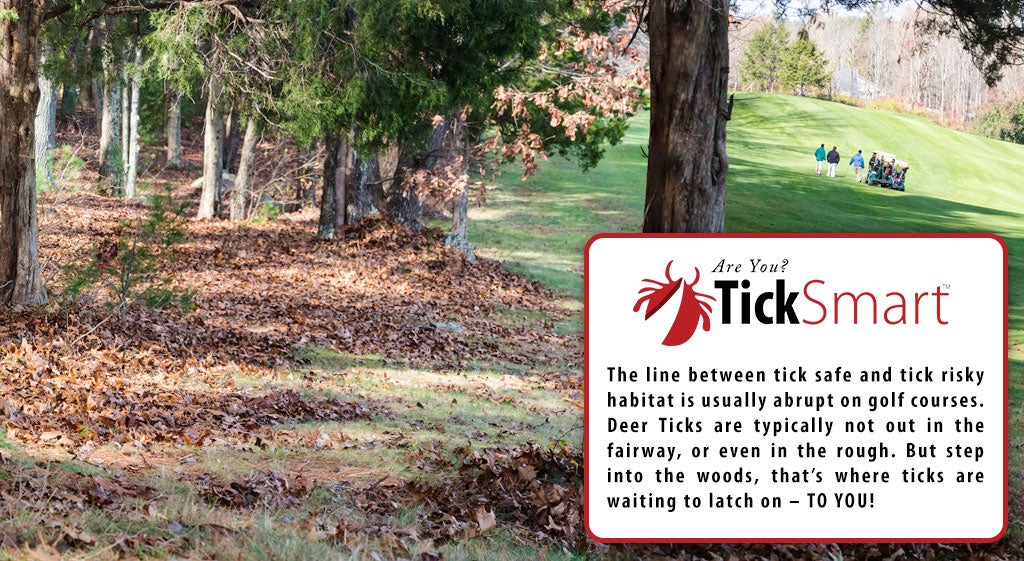 Woods on the perimeter of a golf course with the caption "The line between tick safe and tick risky habitat is usually abrupt on golf courses. Deer ticks are typically no out in the fairway, or even in the rough. But step into the woods, that's where ticks are waiting to latch onto you!"
