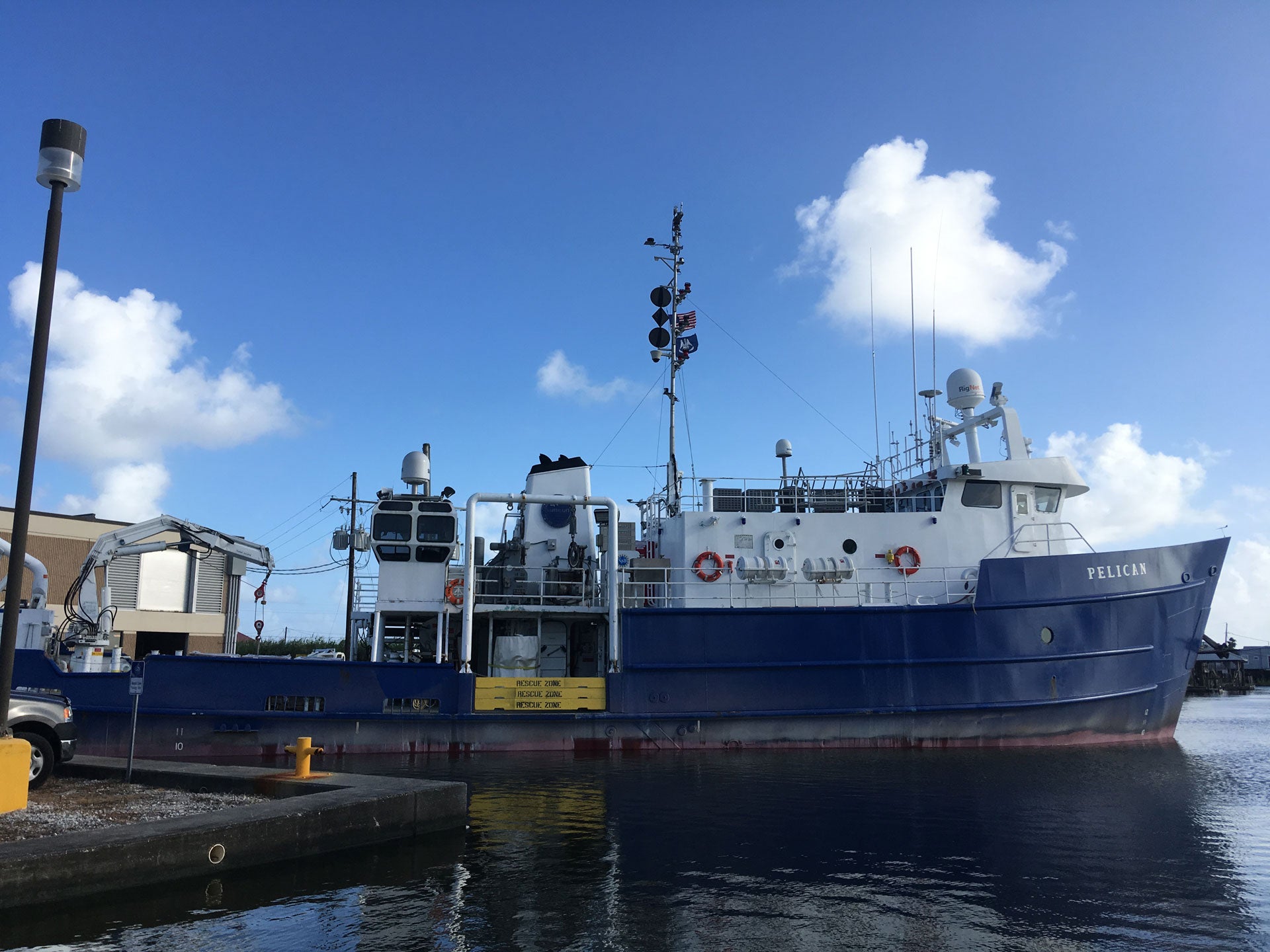 Photo of the Research Vessel Pelican, docked.