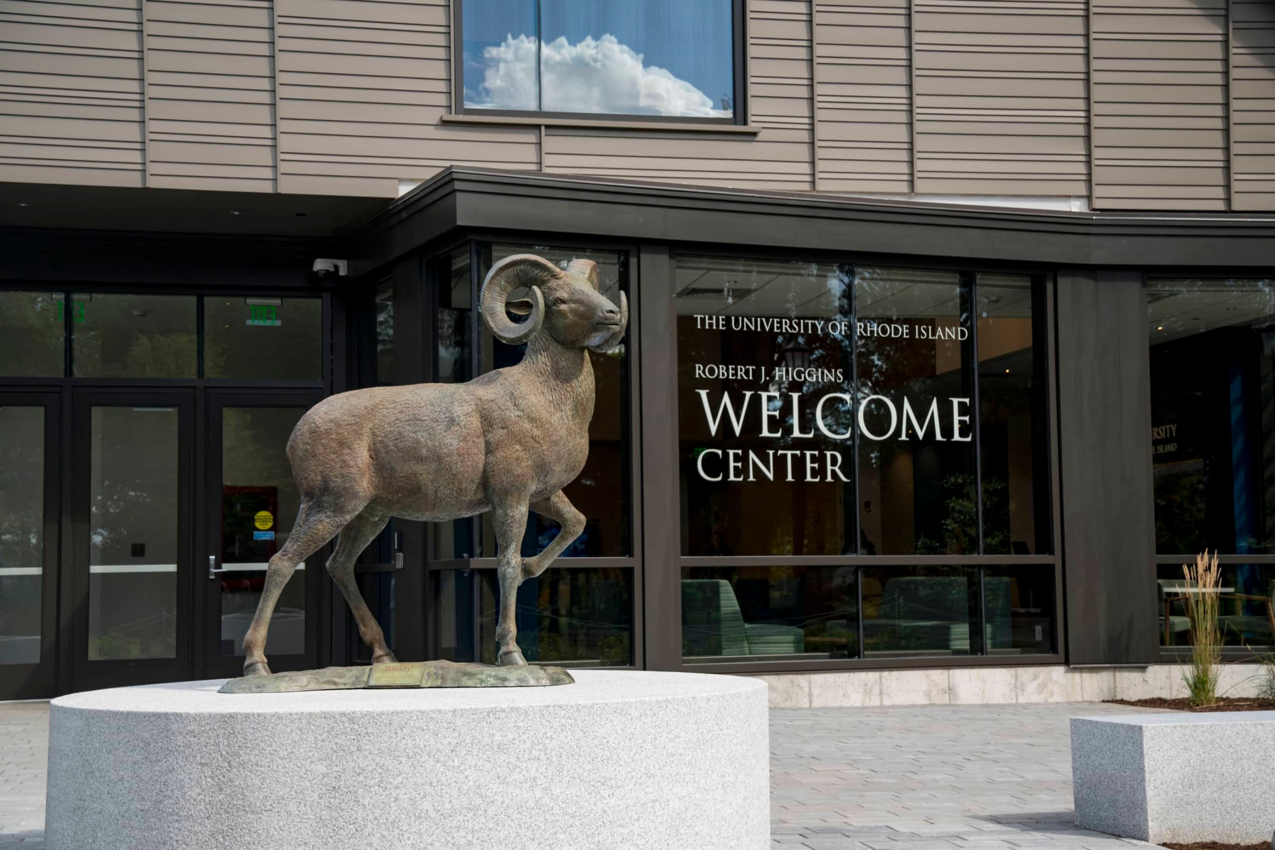 Rhody the Ram in front of Higgins Welcome Center