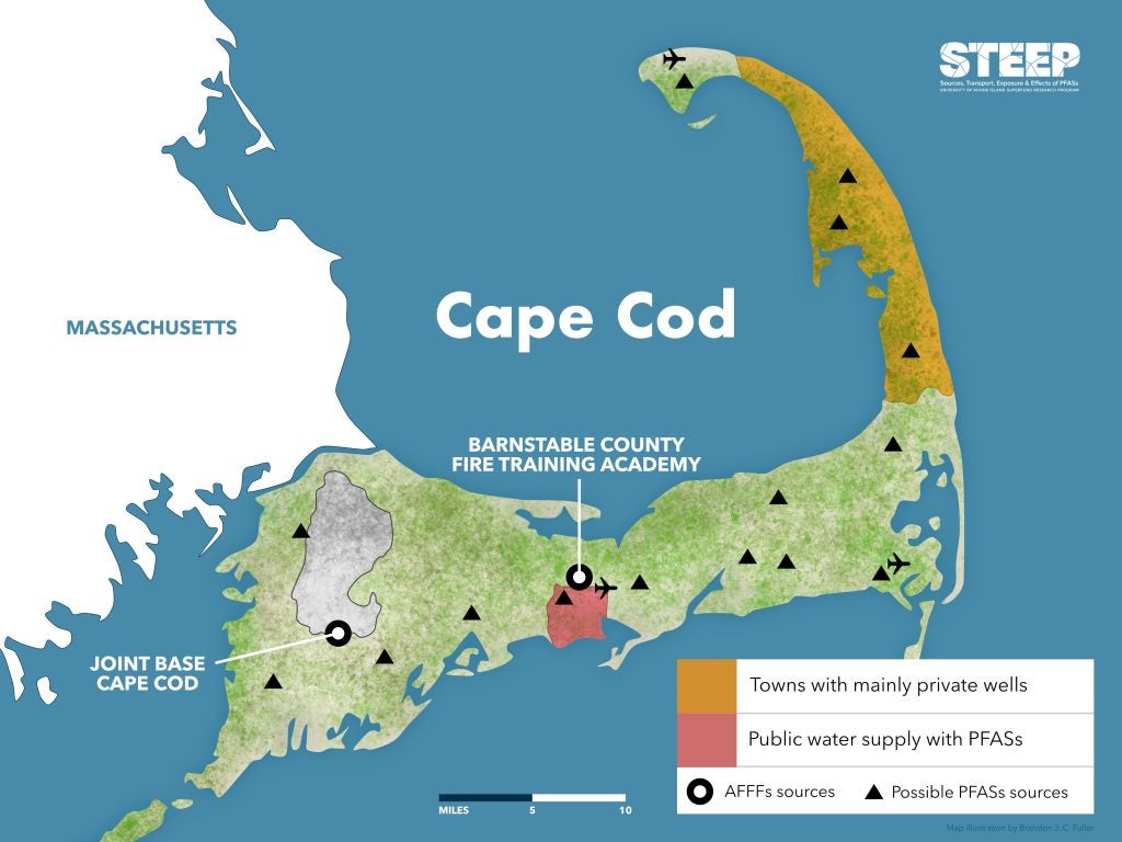 Map of Cape Cod showing the location of known sources of PFAS contamination as well as possible AFFF sources, public water supplies contaminted with PFAS and towns mainly private wells.
