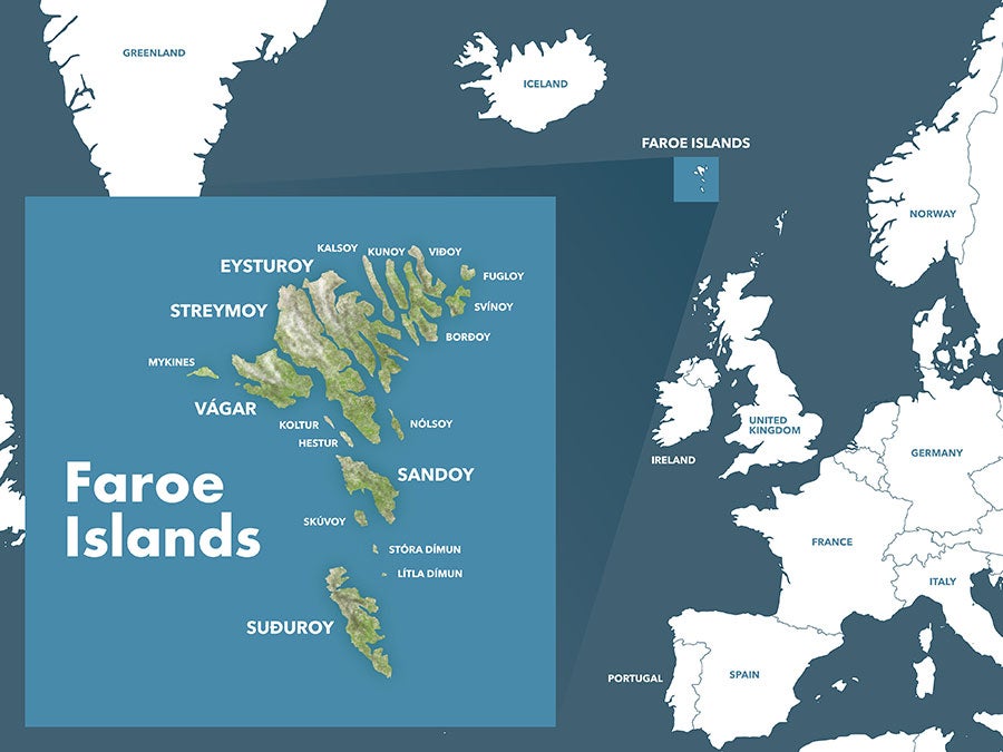 Map showing the location of the Foroe Islands between Scotland, Iceland and Norway