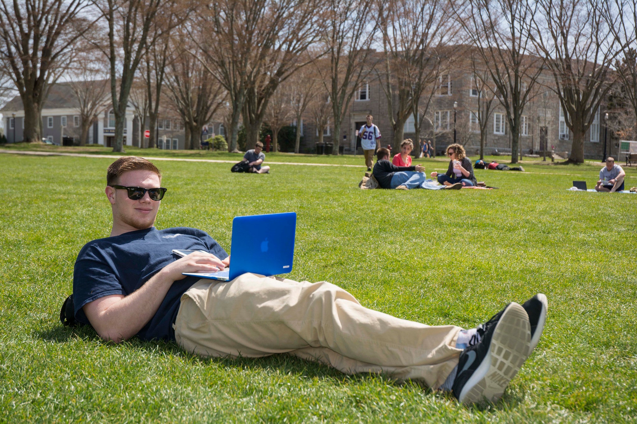 Man sitting on grass using laptop computer
