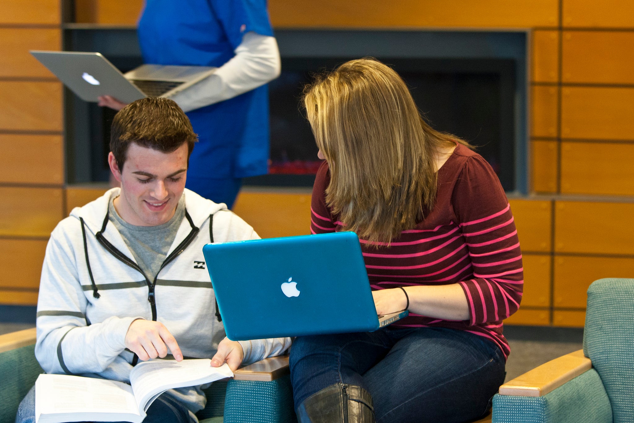Two students studying in study lounge in Hillside Hall