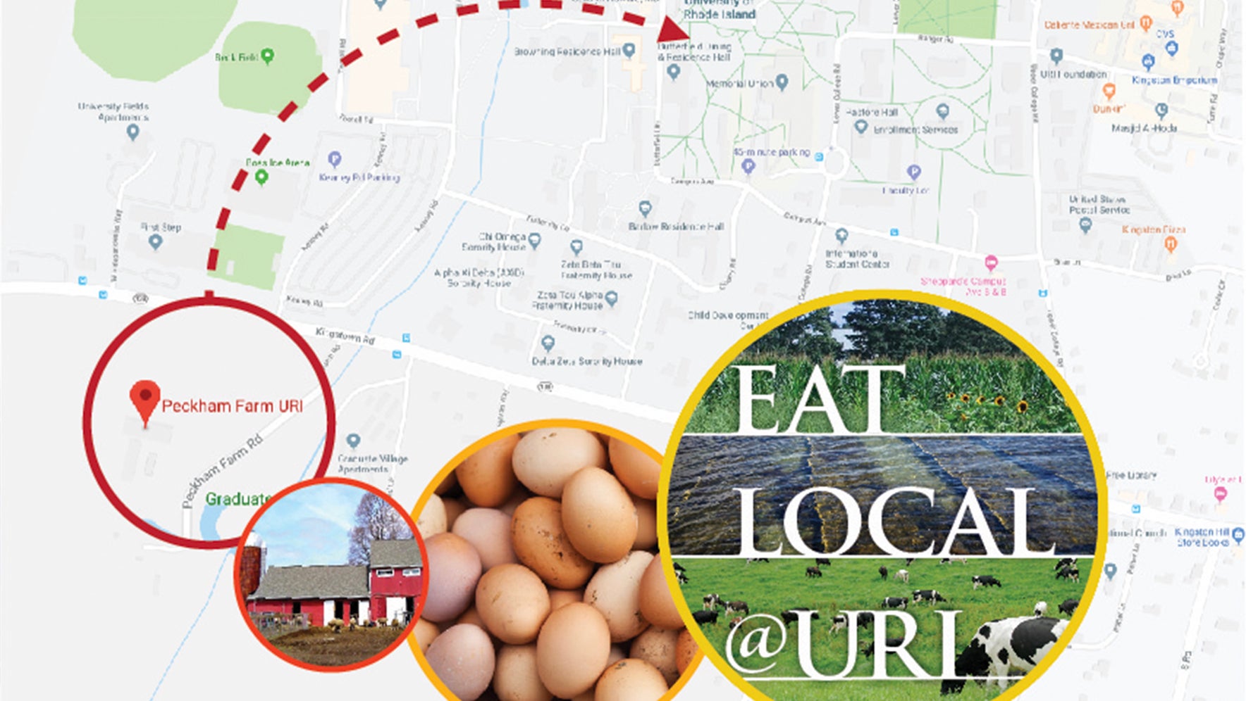 eat local area map highlighting Peckham Farm's proximity to dining halls