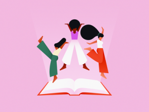 Three Girls Jumping on a Book
