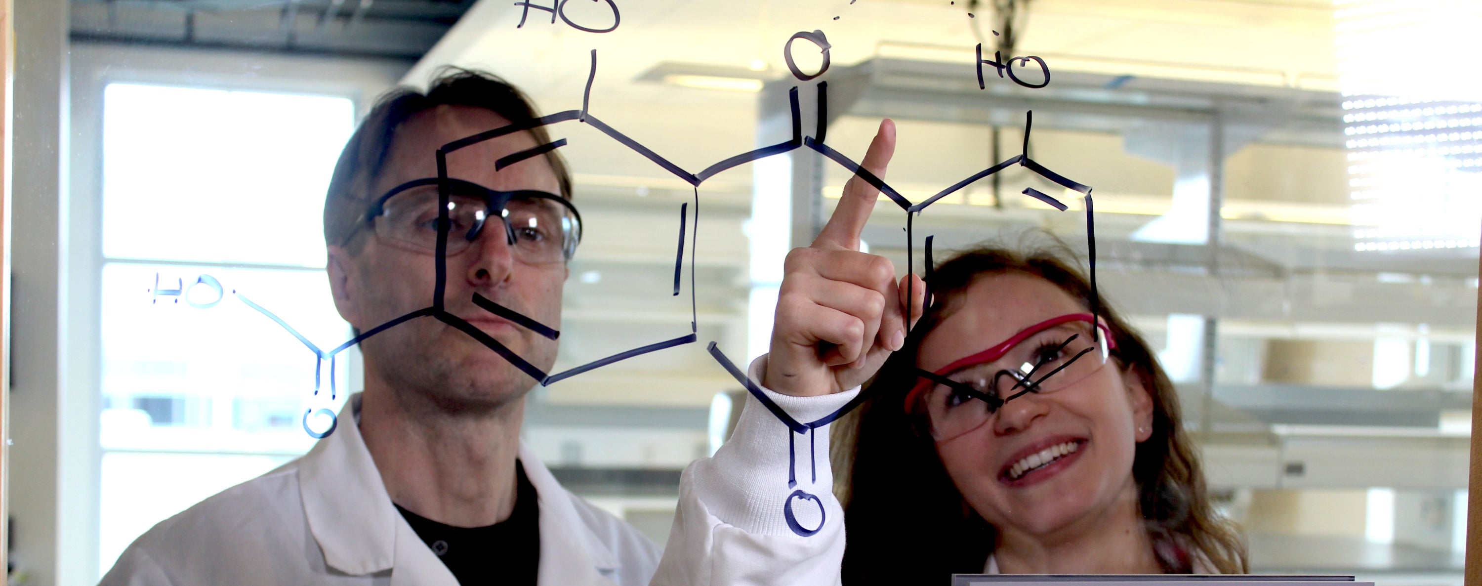 two students in laboratory examining a diagram