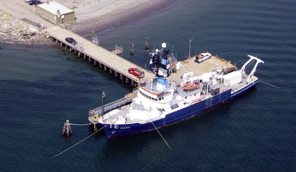 Bay Campus Aerial with the Endeavor research vessel
