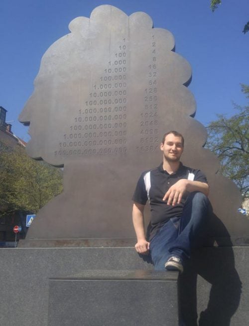 Richard Burke visiting a monument to Gottfried Wilhelm Leibniz in Hannover, Germany. Leibniz, who documented the binary numeral system, is often cited as the first computer scientist and information theorist.