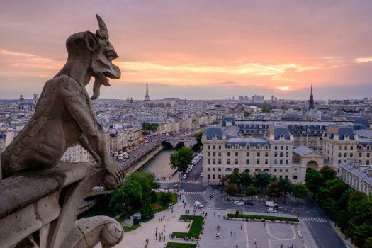 View of Paris with a gargoyle sculpture