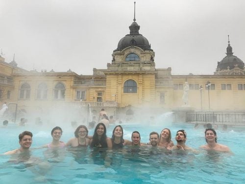 Students visit a thermal spa in Budapest