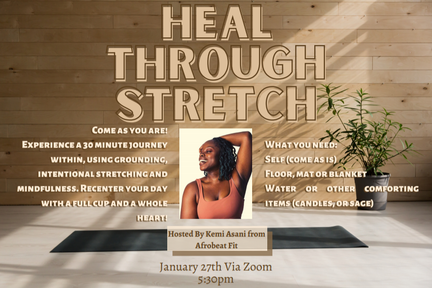 Woman stretching with text about Health Through Stretch events