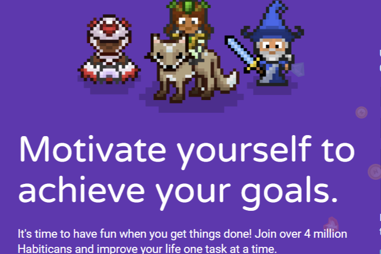 Habitica game characters with Motivate ourself to achieve your goals text