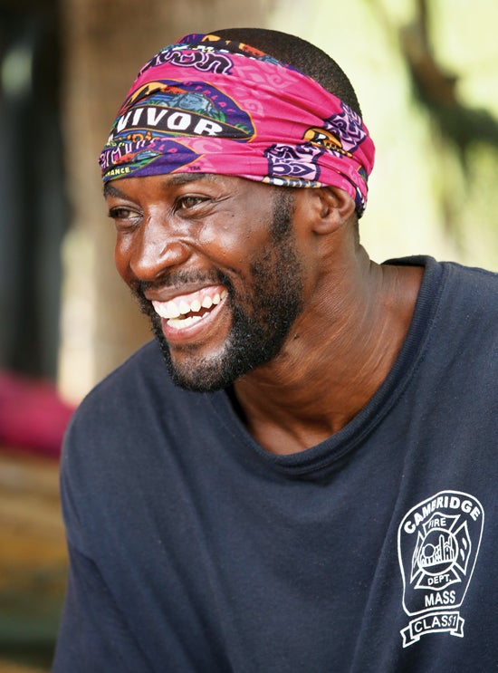 Jeremy Collins during a lighter moment, early in the taping of Survivor: Cambodia. On the show, as when he was at URI, his clothing shows he’s a hometown guy.