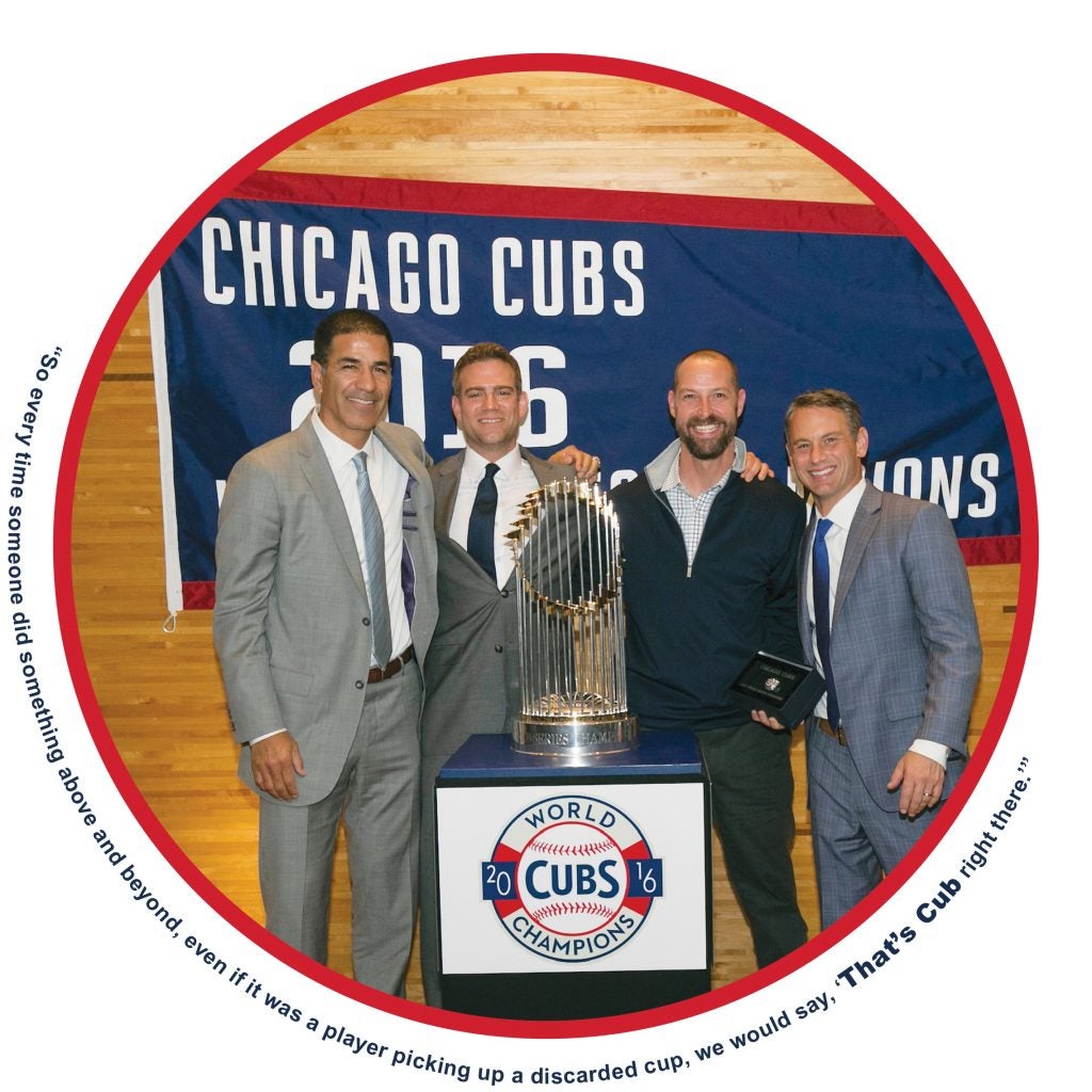 From left: Cubs Senior VP of Scouting Jason McLeod, President of Baseball Operations Theo Epstein, Lifrak and General Manager Jed Hoyer at the 2016 World Series Ring Ceremony.