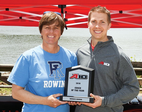 Shelagh Donohoe recieving her fourth A-10 Coach of the Year award.
