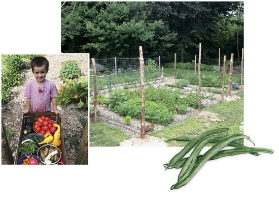 Top: Lanterman’s home garden; below, her son, Jayce, with a harvest in summer 2014.