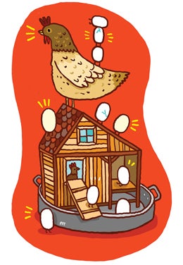 Illustration of a chicken on top of a chicken coop.