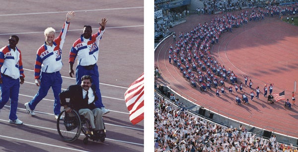 Two pictures of Paul DePace leading Team USA’s athletes into the arena at the 1992 Summer Paralympics in Barcelona.
