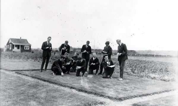 Vintage photo showing a group of young men inspecting a section of grass.