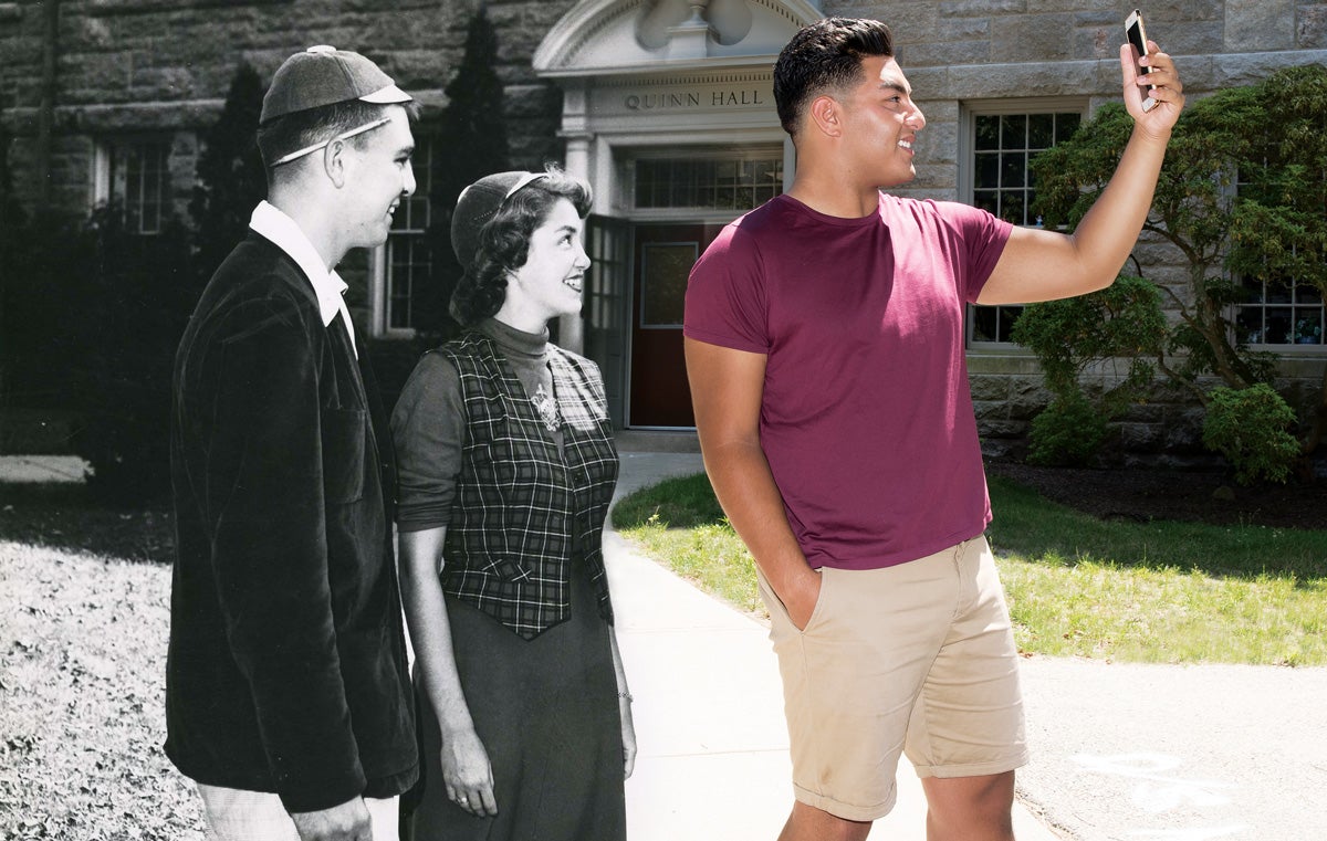 Orientation, Then and Now"Orientation was everything I'd heard it would be," says Josh Reyes '19, who just completed his first year as an orientation leader at Kingston. "It was like summer camp, only way better."This photo collage, featuring 1950s orientation leaders on the left, with Reyes on the right, shows what's different about orientation these days—think omnipresent smart phones and more casual clothing—and what's the same: smiles and camaraderie.