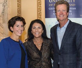 Paula Grammas (middle), an international leader in the study of Alzheimer’s disease, was appointed the inaugural executive director of the University of Rhode Island’s George & Anne Ryan Institute for Neuroscience. Joining in the announcement at the State House were Gov. Gina Raimondo and retired CVS CEO Thomas Ryan, whose gift of $15 million established the Institute.