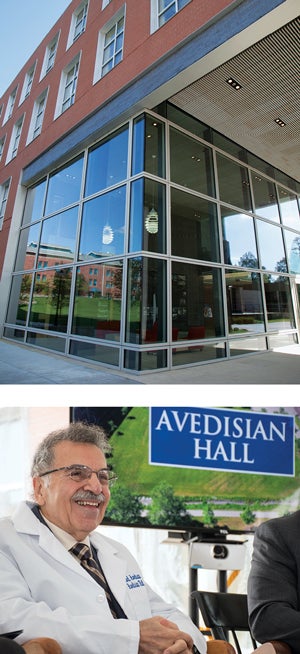 From above: newly named pharmacy building, Paramaz Avedisian ’54 Hall; Edward Avedisian at the ribbon cutting ceremony.