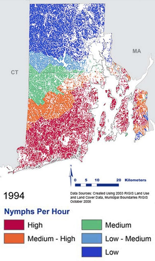 Map of southern New England with colored shading as to nymphs per hour in 1994