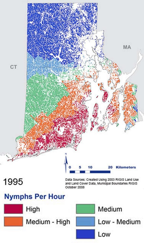 Map of southern New England with colored shading as to nymphs per hour in 1995