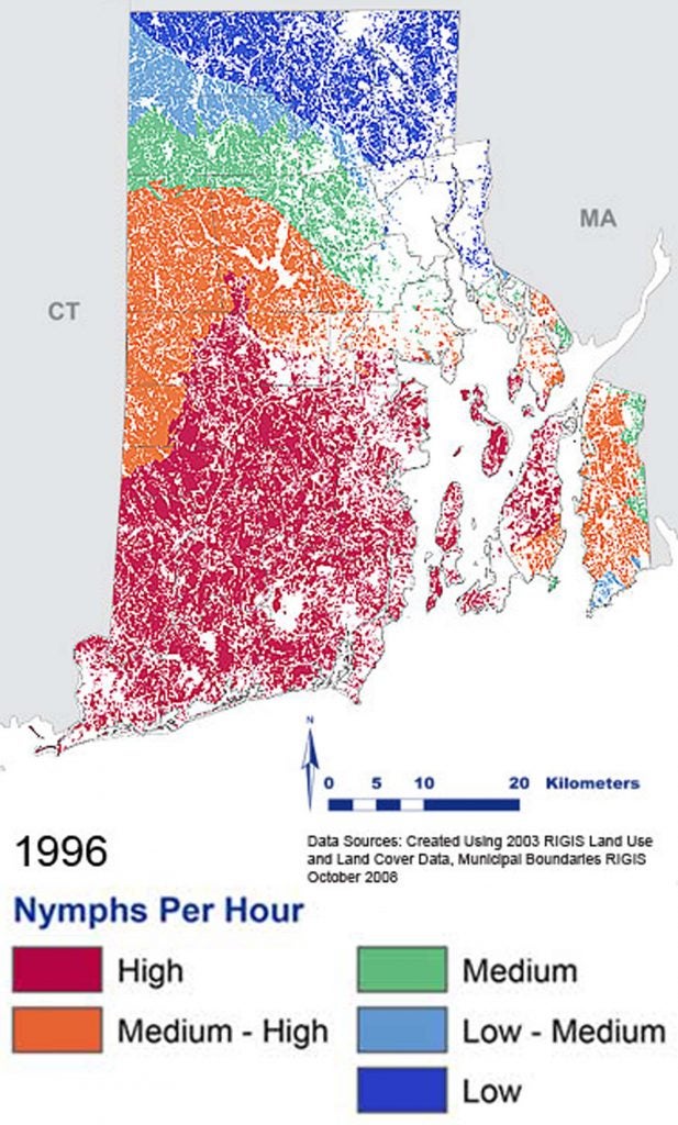 Map of southern New England with colored shading as to nymphs per hour in 1996
