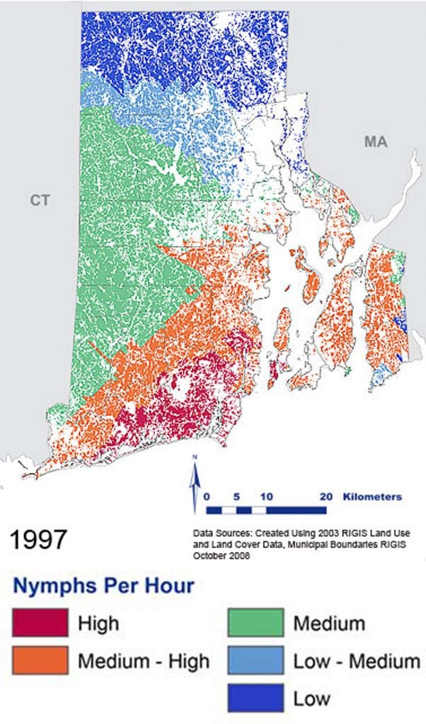 Map of southern New England with colored shading as to nymphs per hour in 1997