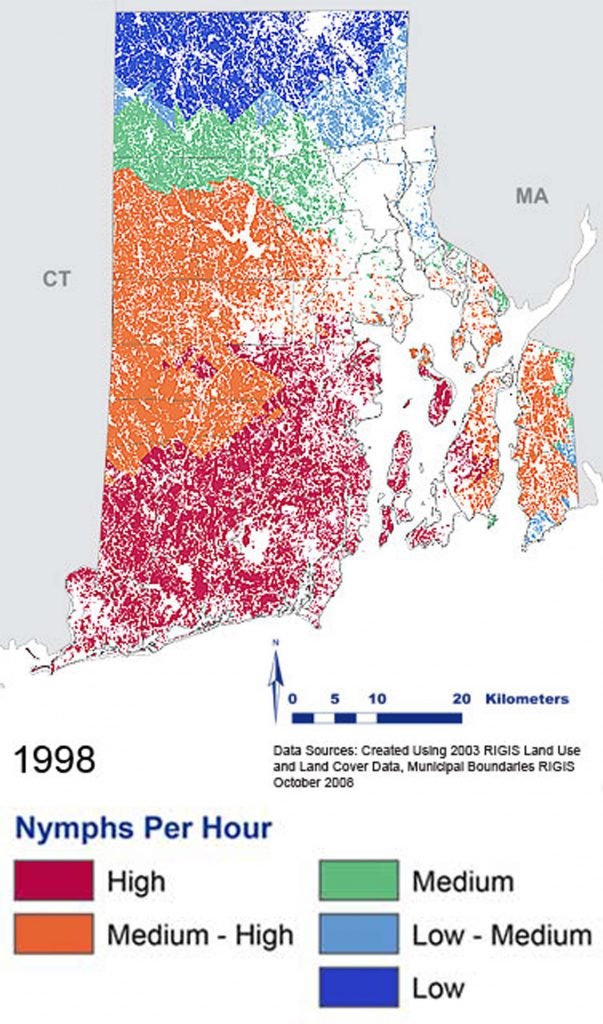 Map of southern New England with colored shading as to nymphs per hour in 1998