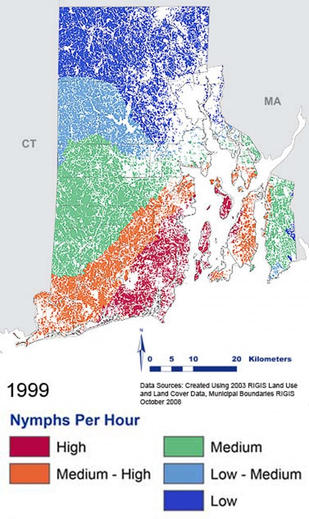 Map of southern New England with colored shading as to nymphs per hour in 1999