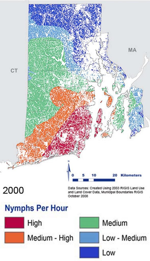 Map of southern New England with colored shading as to nymphs per hour in 2000