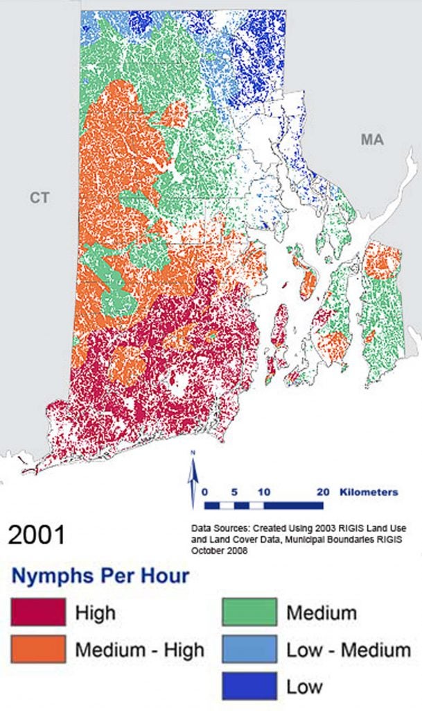 Map of southern New England with colored shading as to nymphs per hour in 2001