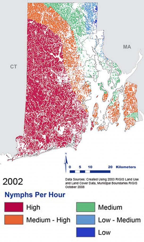 Map of southern New England with colored shading as to nymphs per hour in 2002