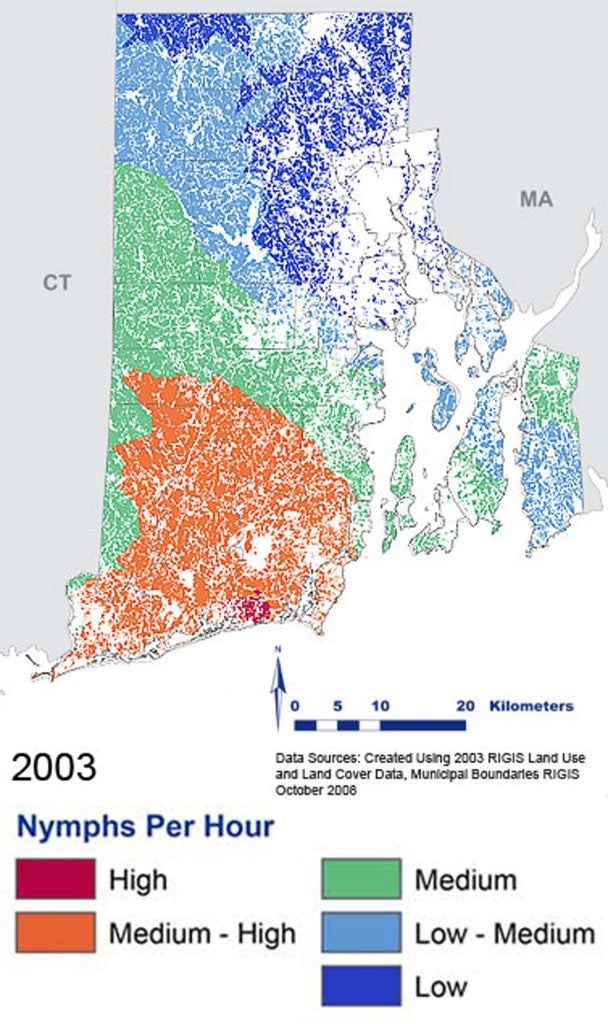 Map of southern New England with colored shading as to nymphs per hour in 2003