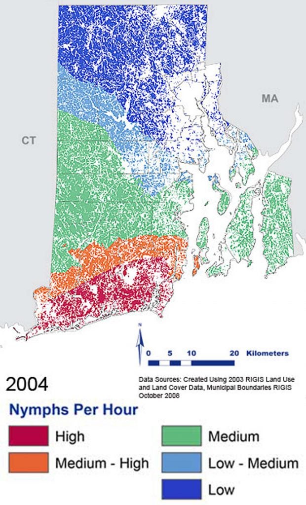 Map of southern New England with colored shading as to nymphs per hour in 2004