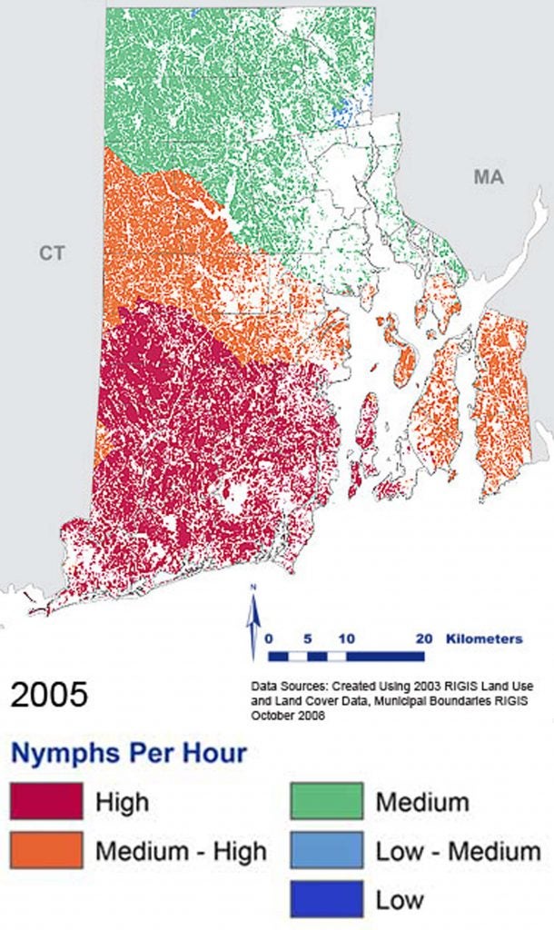 Map of southern New England with colored shading as to nymphs per hour in 2005