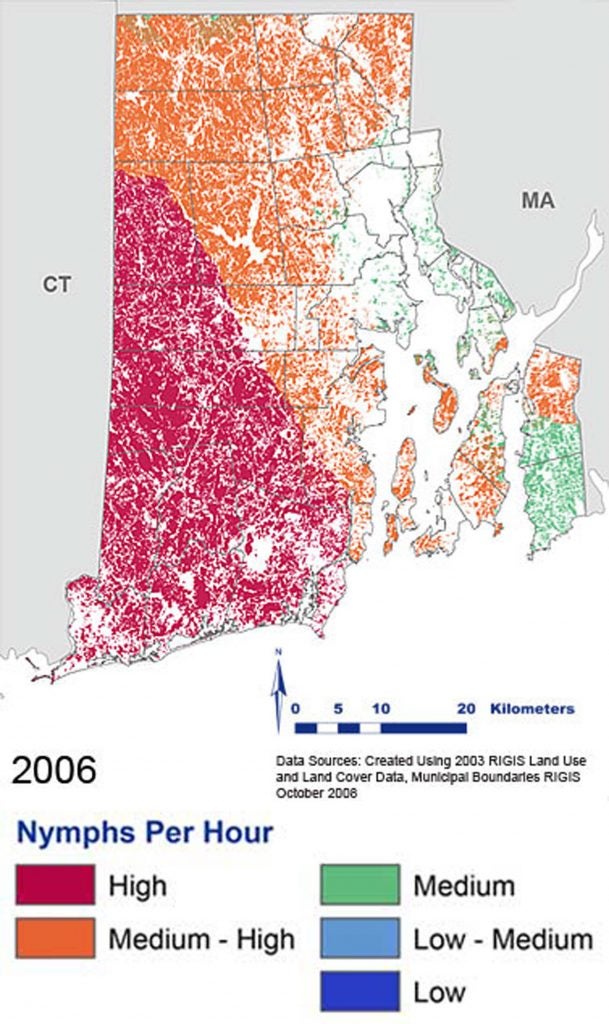 Map of southern New England with colored shading as to nymphs per hour in 2006