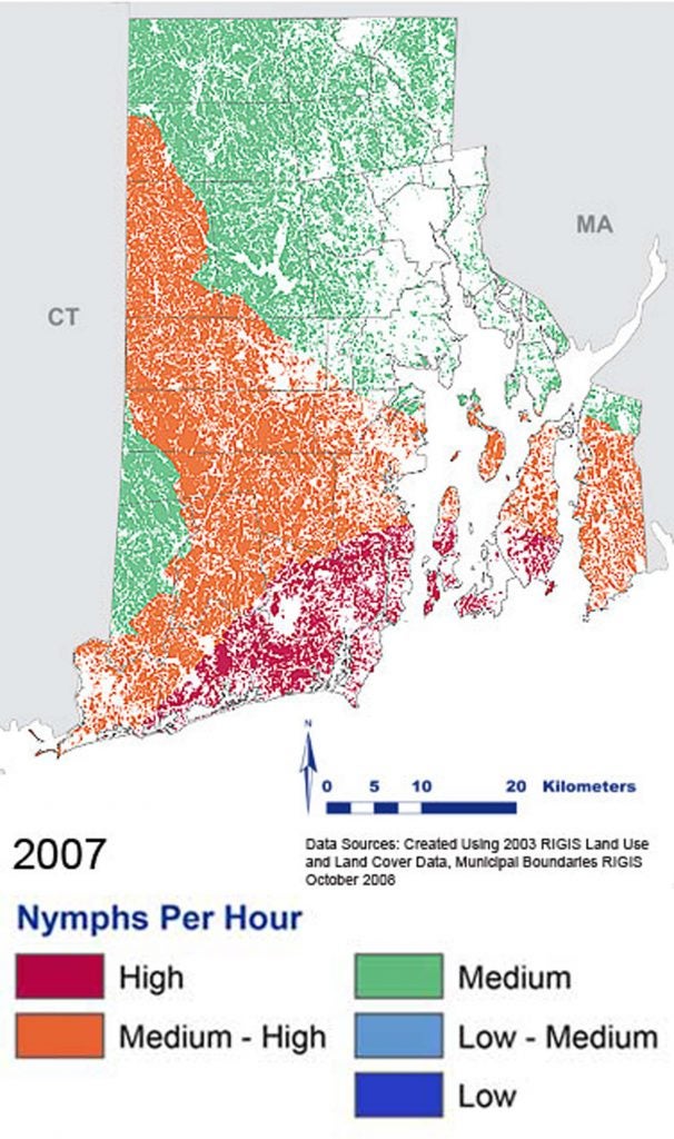 Map of southern New England with colored shading as to nymphs per hour in 2007