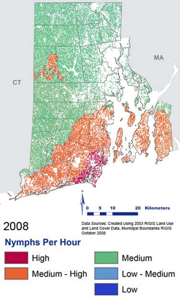 Map of southern New England with colored shading as to nymphs per hour in 2008