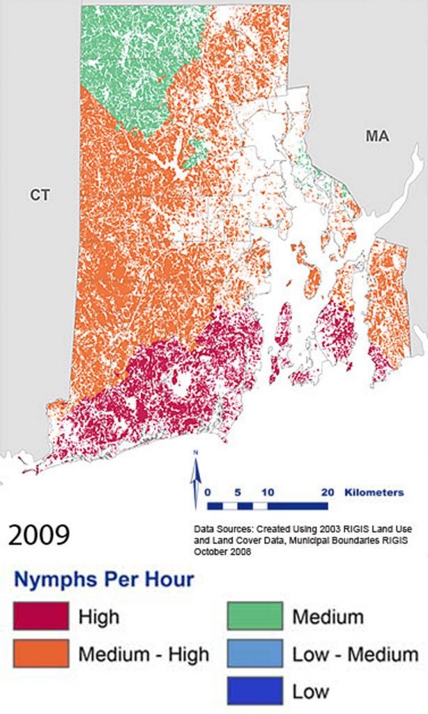 Map of southern New England with colored shading as to nymphs per hour in 2009