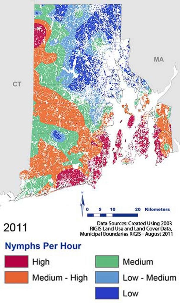 Map of southern New England with colored shading as to nymphs per hour in 2011