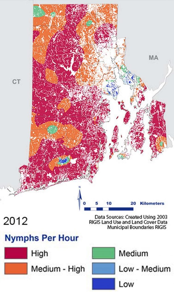 Map of southern New England with colored shading as to nymphs per hour in 2012