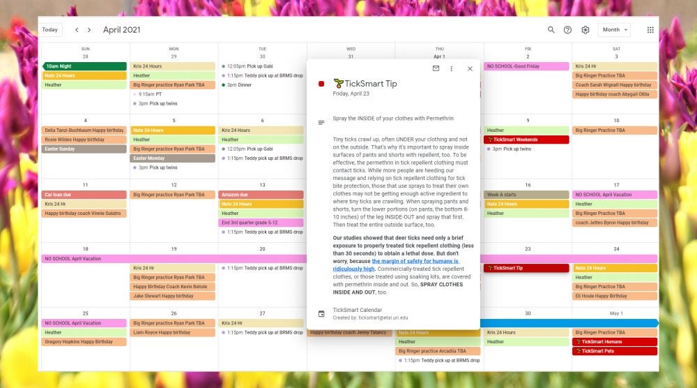Calendar page for April 2021 showing Tick Smart tips