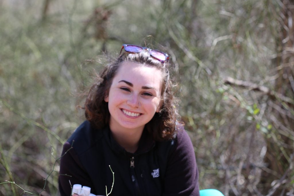 Intern in the woods on a tick hunt