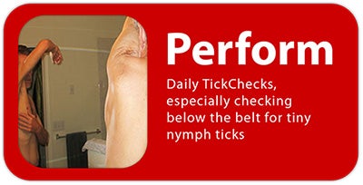 Man checking his arm pit in the mirror for ticks with the words: Perform daily tick checks, especially checking below the belt for tiny nymph ticks