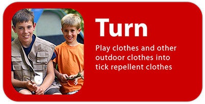 2 boys by a tent with the words: Turn play clothes and other outdoor clothes into tick repellent clothes