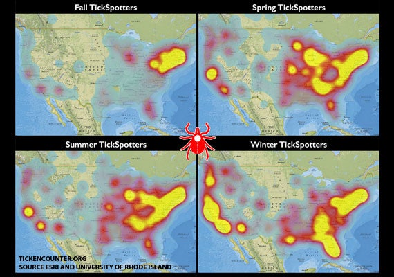 A map of tick hot spots across the four seasons